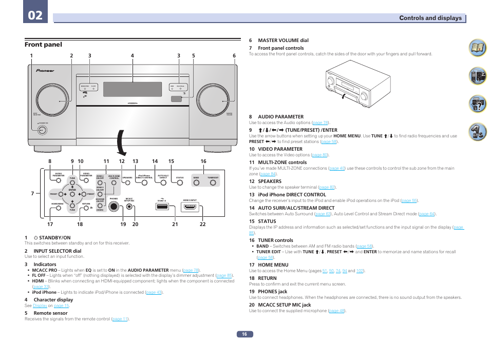 Front panel, Master volume sta nd by / on inp ut selector | Pioneer SC-LX58-S User Manual | Page 16 / 140