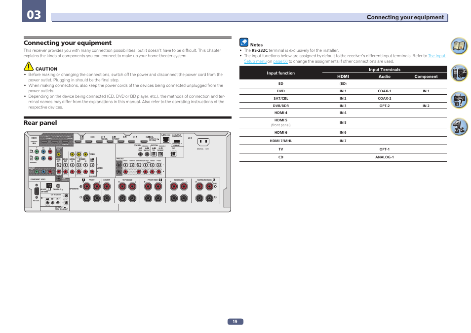 Connecting your equipment rear panel, Rear panel, Connecting your equipment | Caution | Pioneer SC-LX58-S User Manual | Page 19 / 140