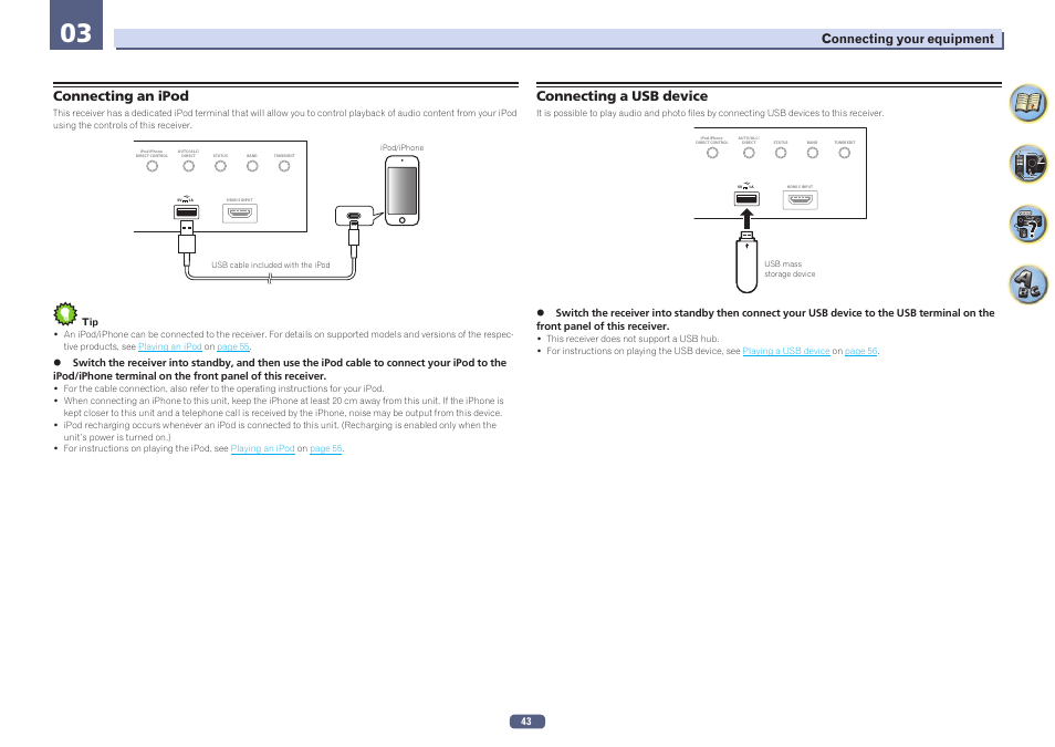 Connecting an ipod connecting a usb device, Connecting an ipod, Connecting a usb device | Pioneer SC-LX58-S User Manual | Page 43 / 140