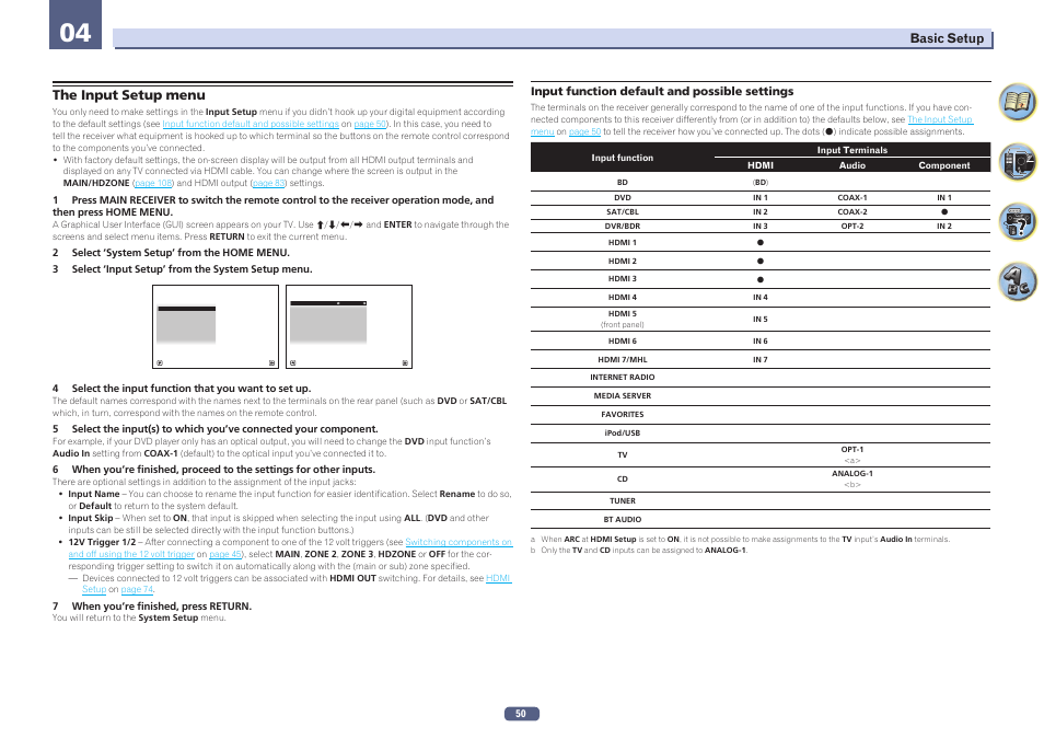 The input setup menu, The input, Setup menu | Input setup menu, Basic setup | Pioneer SC-LX58-S User Manual | Page 50 / 140