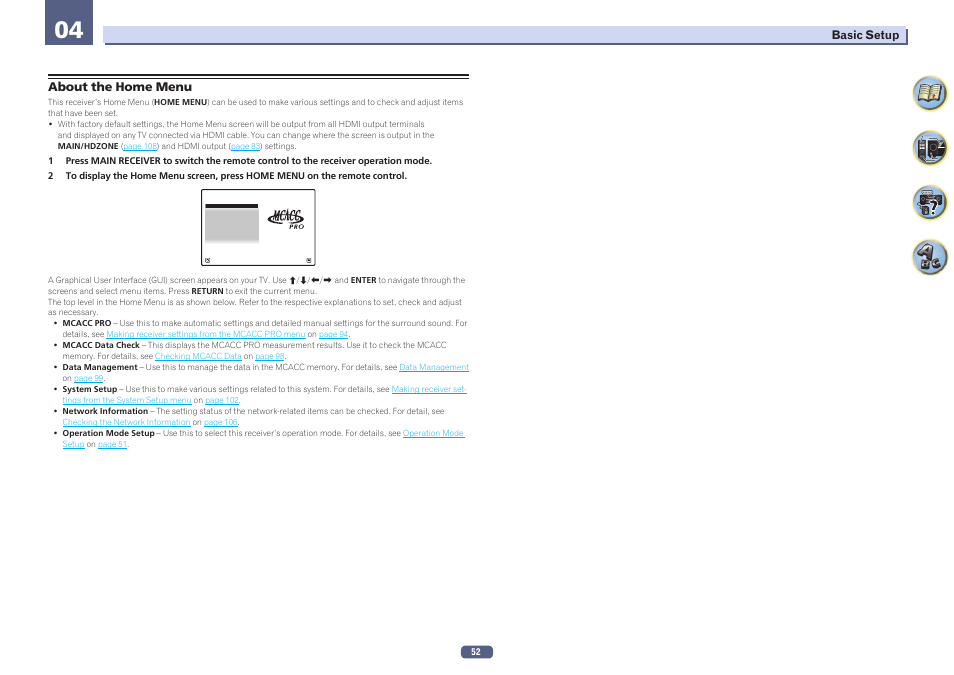 About the home menu | Pioneer SC-LX58-S User Manual | Page 52 / 140