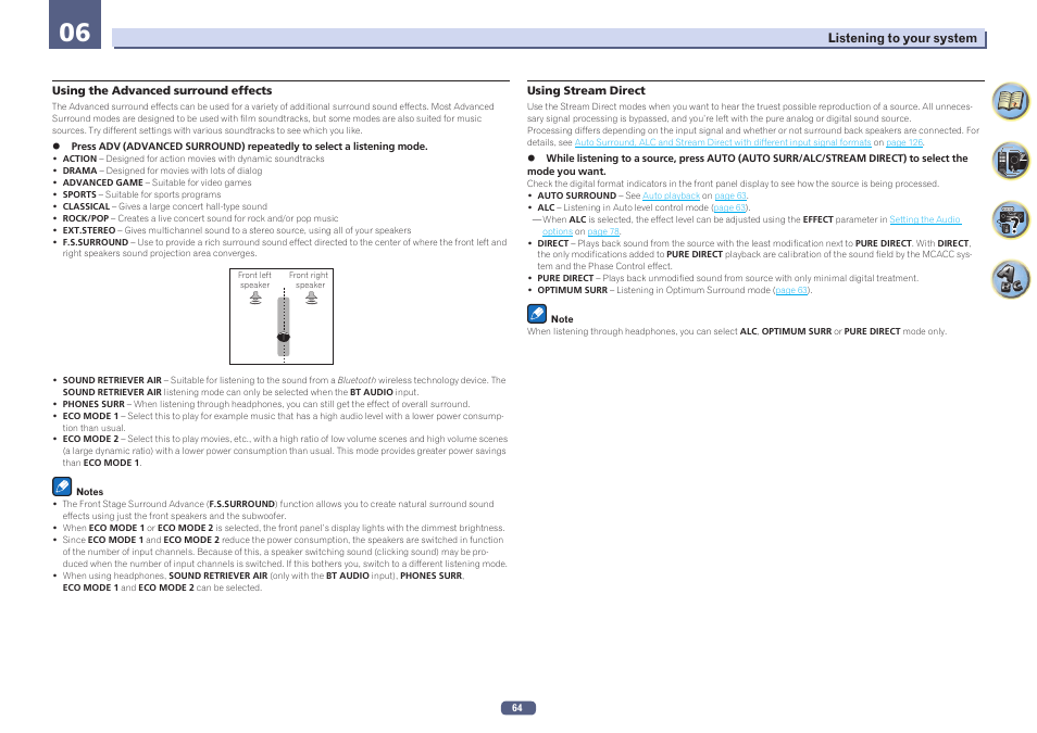 Using the advanced surround effects, Using stream direct | Pioneer SC-LX58-S User Manual | Page 64 / 140