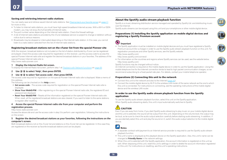 About the spotify audio stream playback function | Pioneer SC-LX58-S User Manual | Page 70 / 140