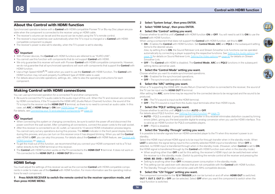 Hdmi setup, Hdmi, Setup | Pioneer SC-LX58-S User Manual | Page 74 / 140