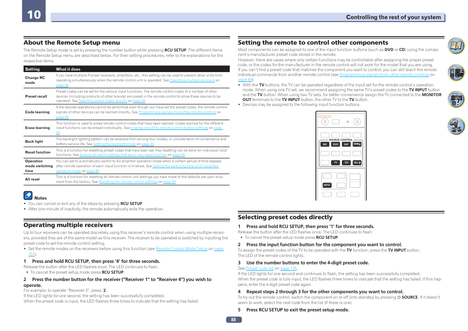 About the remote setup menu, Operating multiple receivers, Setting the remote to control other components | Selecting preset codes directly | Pioneer SC-LX58-S User Manual | Page 88 / 140