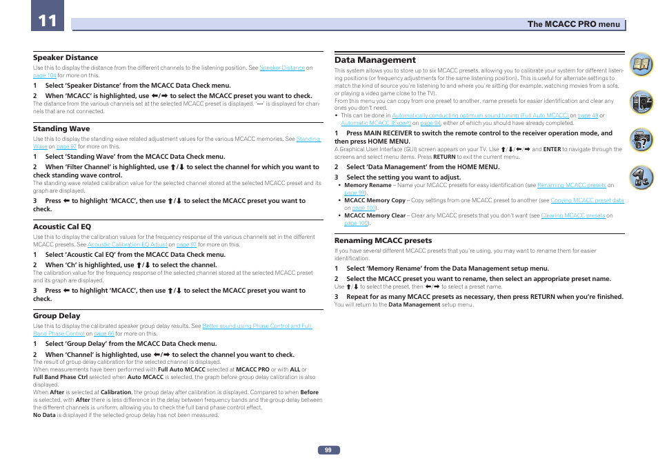 Data management, Speaker distance, Standing wave | Acoustic cal eq, Group delay | Pioneer SC-LX58-S User Manual | Page 99 / 140