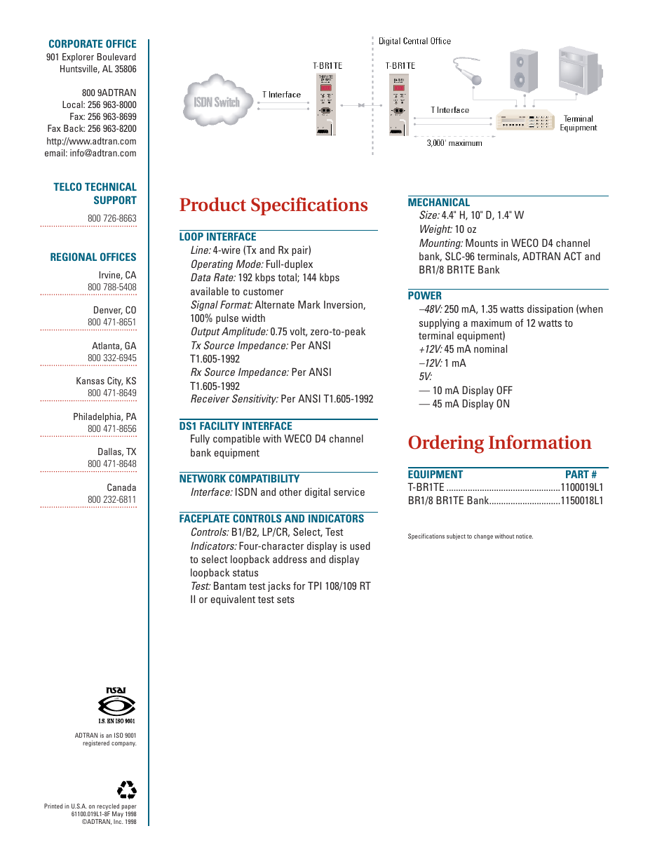 Product specifications, Ordering information | ADTRAN T-BR1TE User Manual | Page 2 / 2