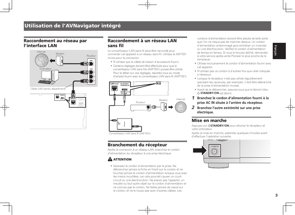 Utilisation de l’avnavigator intégré, Raccordement au réseau par l’interface lan, Raccordement à un réseau lan sans fil | Branchement du récepteur, Mise en marche | Pioneer SC-LX88-K User Manual | Page 13 / 76