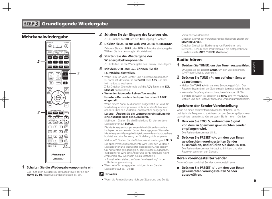 Grundlegende wiedergabe, Mehrkanalwiedergabe, Radio hören | Speichern der sender-voreinstellung, Hören voreingestellter sender, Schalten sie die wiedergabekomponente ein, Schalten sie den eingang des receivers ein, Drücken sie auto zur wahl von ‚auto surround, Drücken sie tuner, um den tuner auszuwählen | Pioneer SC-LX88-K User Manual | Page 29 / 76