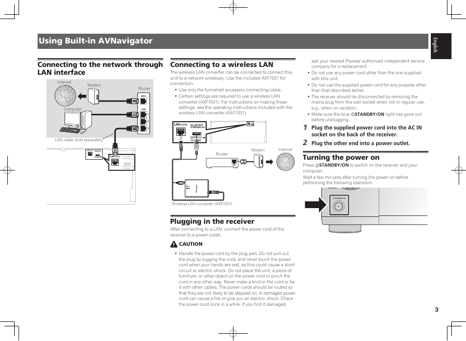 Using built-in avnavigator, Connecting to the network through lan interface, Connecting to a wireless lan | Plugging in the receiver, Turning the power on | Pioneer SC-LX88-K User Manual | Page 3 / 76