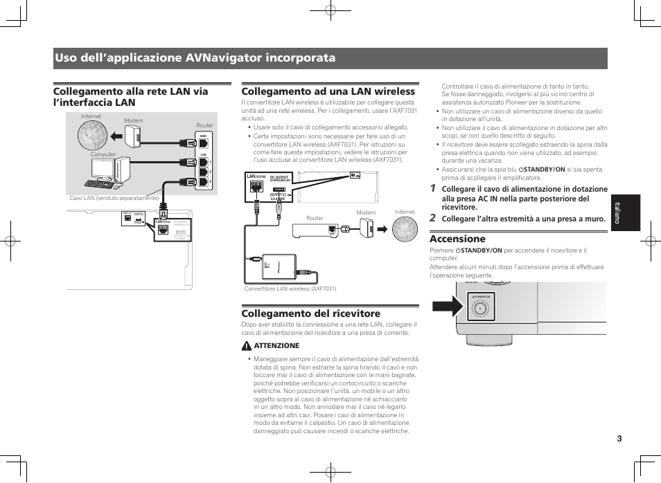 Uso dell’applicazione avnavigator incorporata, Collegamento alla rete lan via l’interfaccia lan, Collegamento ad una lan wireless | Collegamento del ricevitore, Accensione | Pioneer SC-LX88-K User Manual | Page 33 / 76