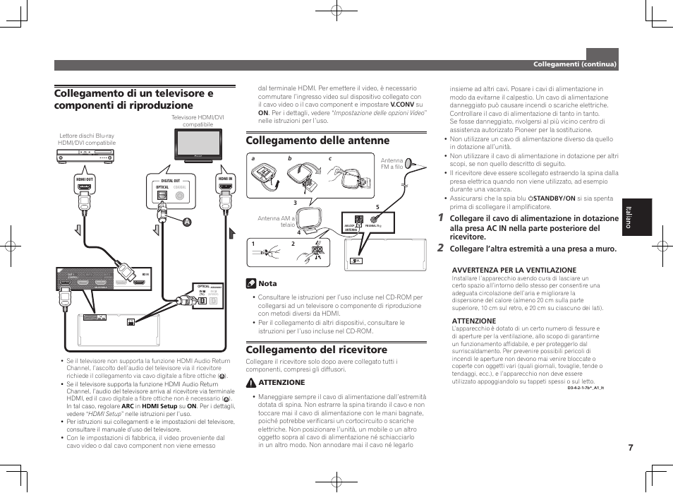 Collegamento delle antenne, Antenna am loop fm unbal 75, Collegamento del ricevitore | Pioneer SC-LX88-K User Manual | Page 37 / 76