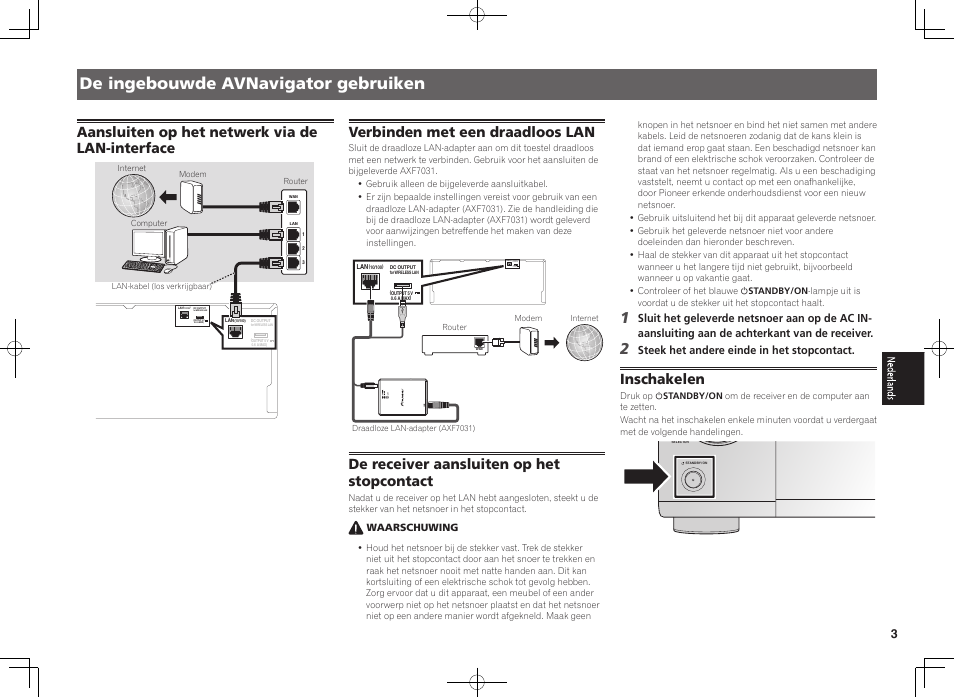 De ingebouwde avnavigator gebruiken, Aansluiten op het netwerk via de lan-interface, Verbinden met een draadloos lan | De receiver aansluiten op het stopcontact, Inschakelen | Pioneer SC-LX88-K User Manual | Page 43 / 76