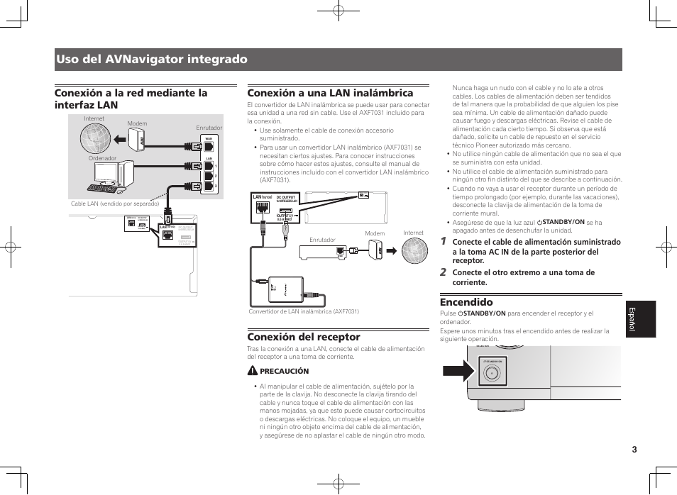 Uso del avnavigator integrado, Conexión a la red mediante la interfaz lan, Conexión a una lan inalámbrica | Conexión del receptor, Encendido | Pioneer SC-LX88-K User Manual | Page 53 / 76