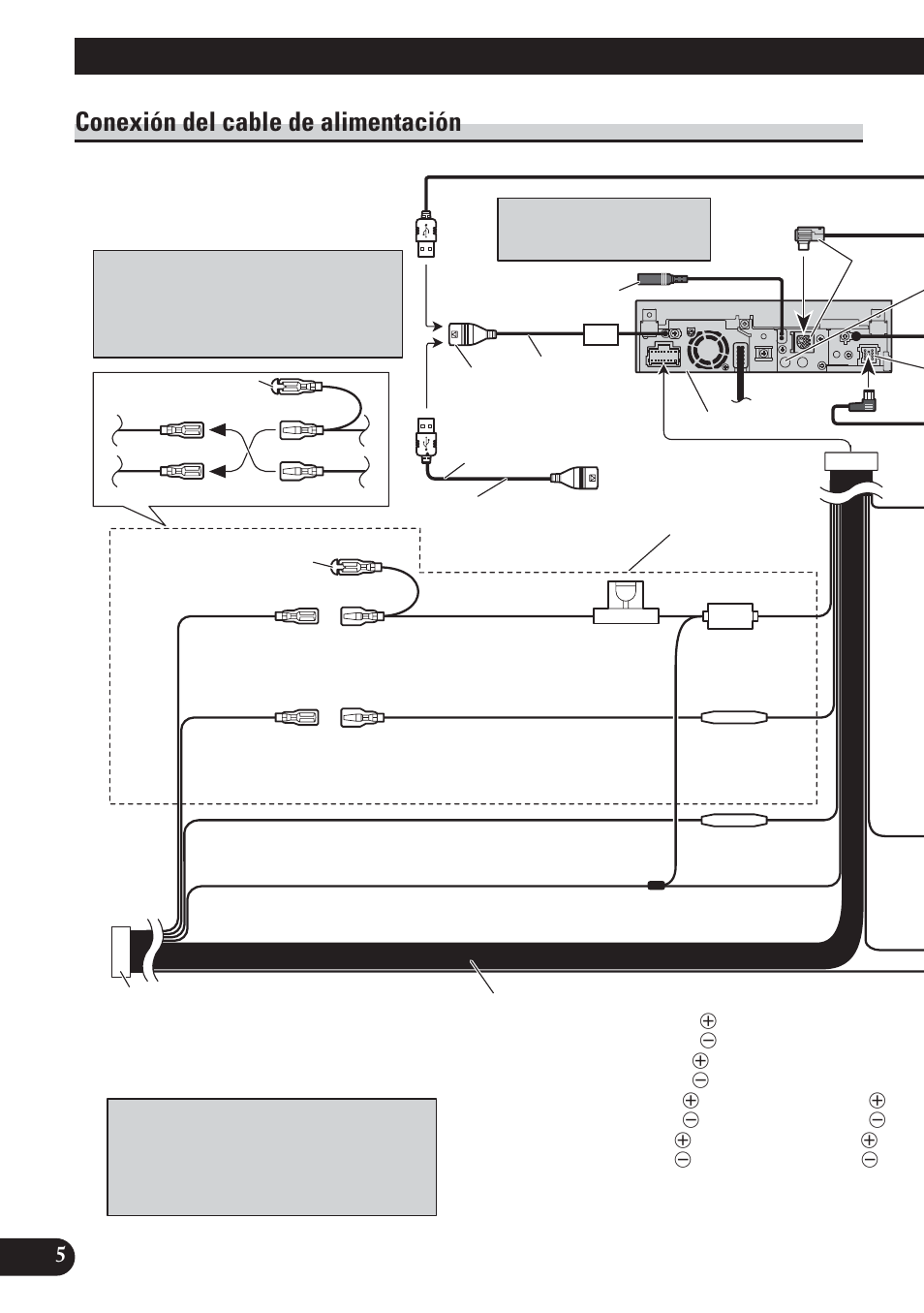Conexión del cable de alimentación, Conexión de las unidades | Pioneer AVH-P5100DVD User Manual | Page 22 / 98