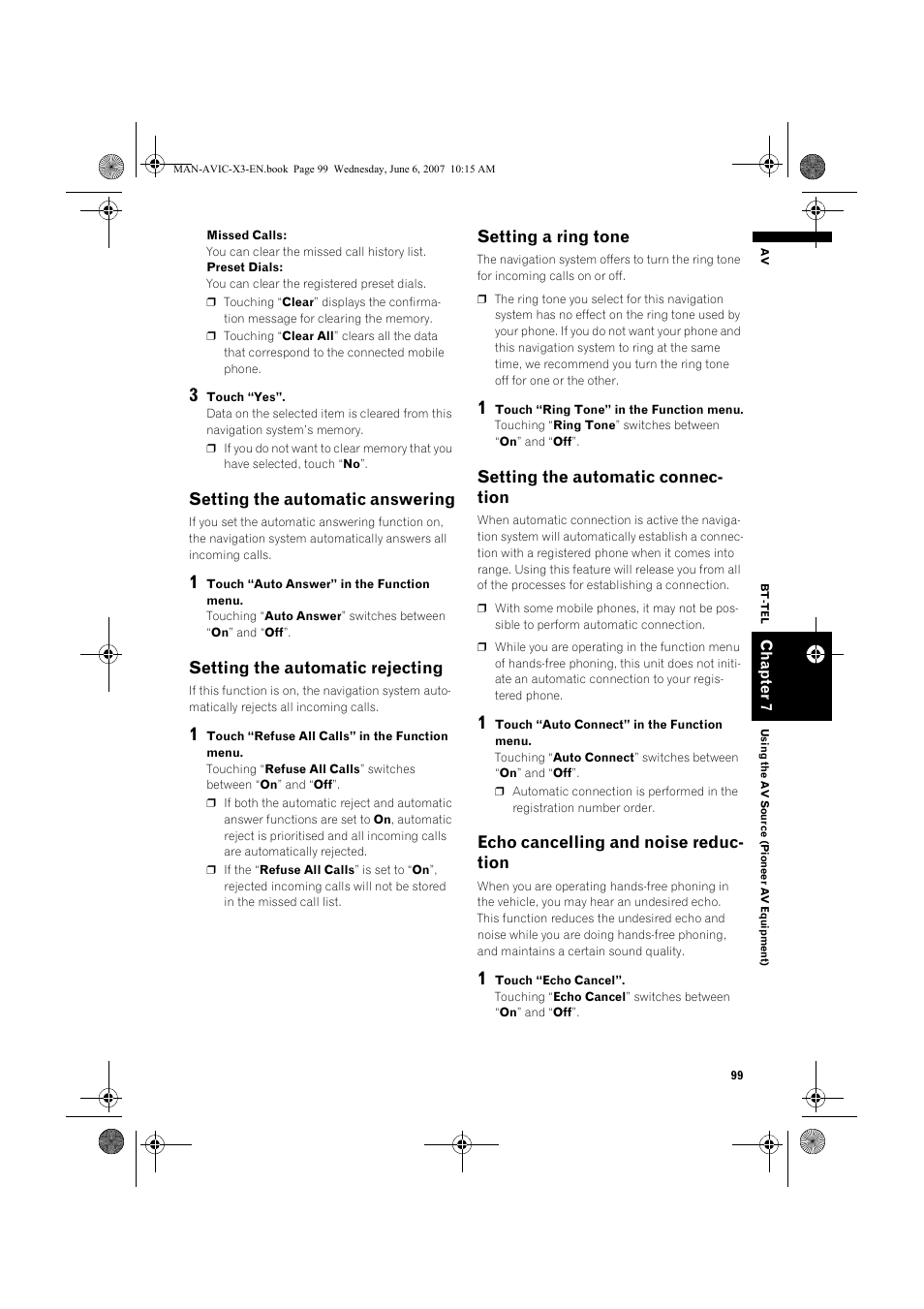 Setting the automatic answering, Setting the automatic rejecting, Setting a ring tone | Setting the automatic connec- tion, Echo cancelling and noise reduc- tion | Pioneer AVIC-X3 User Manual | Page 101 / 164