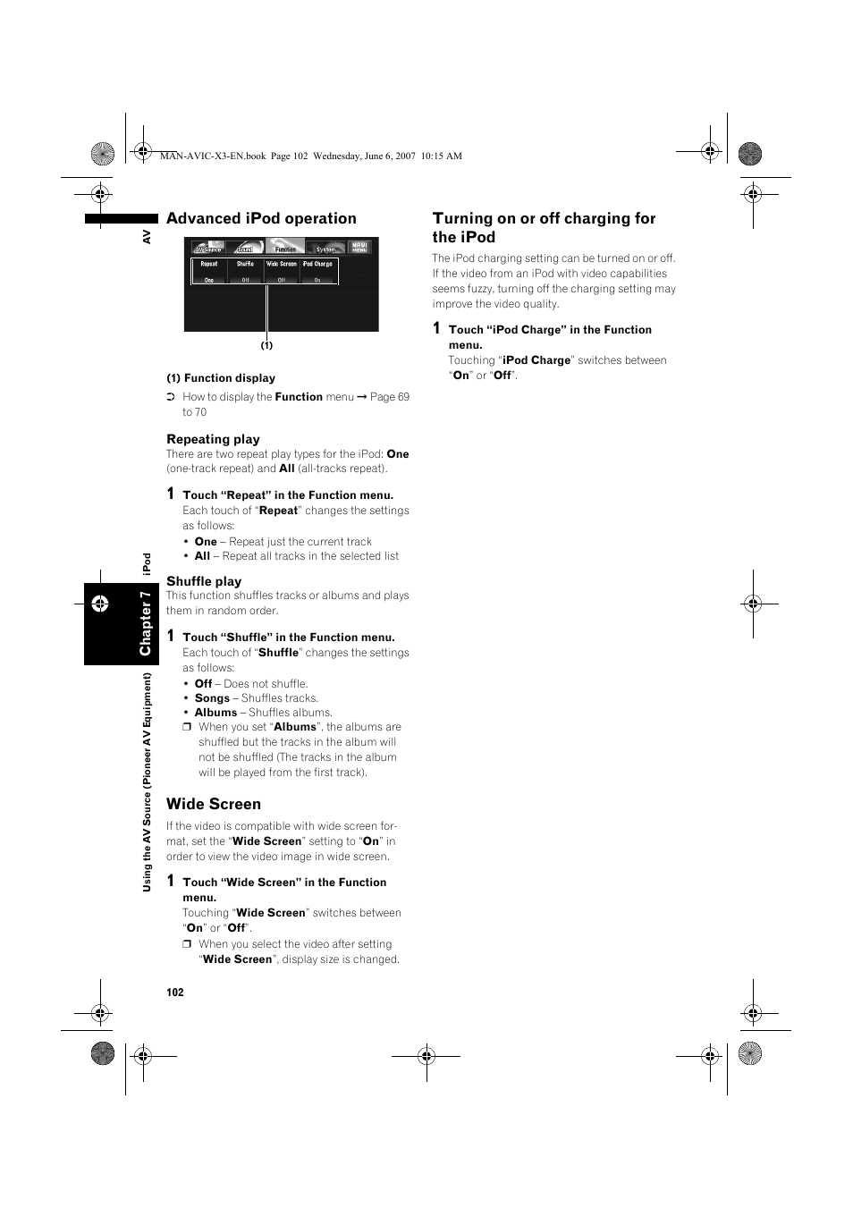 Advanced ipod operation, Wide screen, Turning on or off charging for the ipod | Pioneer AVIC-X3 User Manual | Page 104 / 164