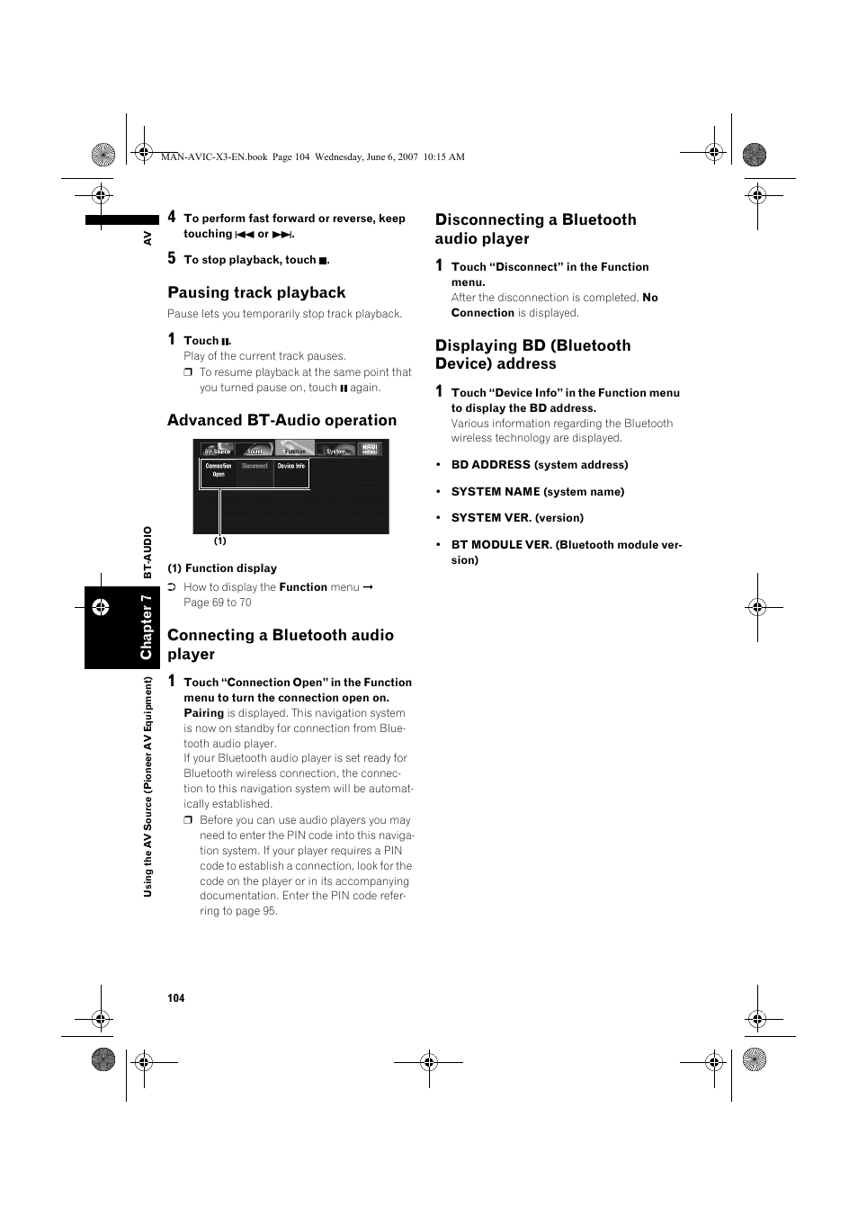Pausing track playback, Advanced bt-audio operation, Connecting a bluetooth audio player | Disconnecting a bluetooth audio player, Displaying bd (bluetooth device) address | Pioneer AVIC-X3 User Manual | Page 106 / 164
