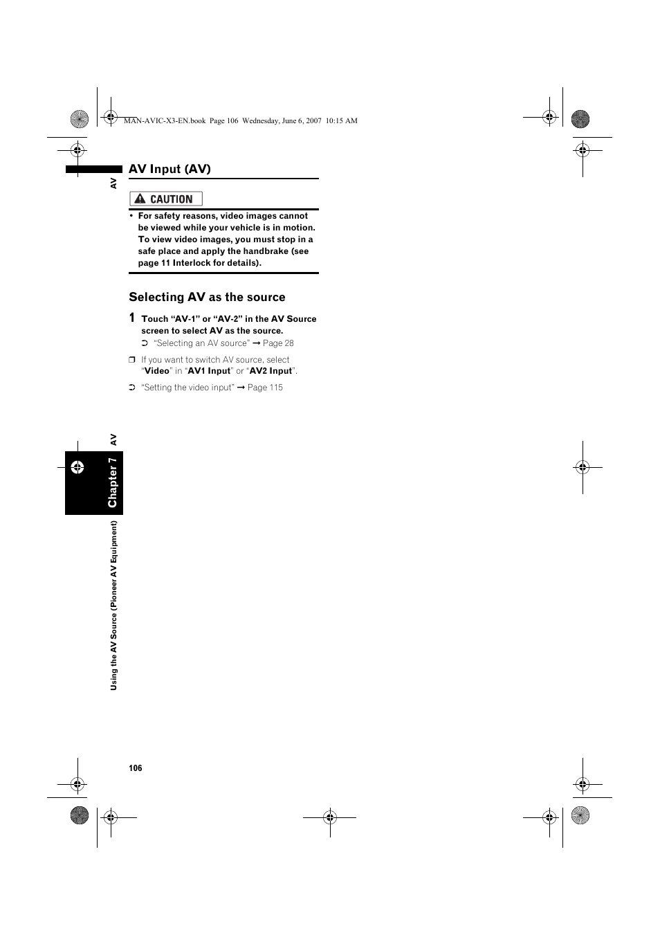 Av input (av), Selecting av as the source | Pioneer AVIC-X3 User Manual | Page 108 / 164