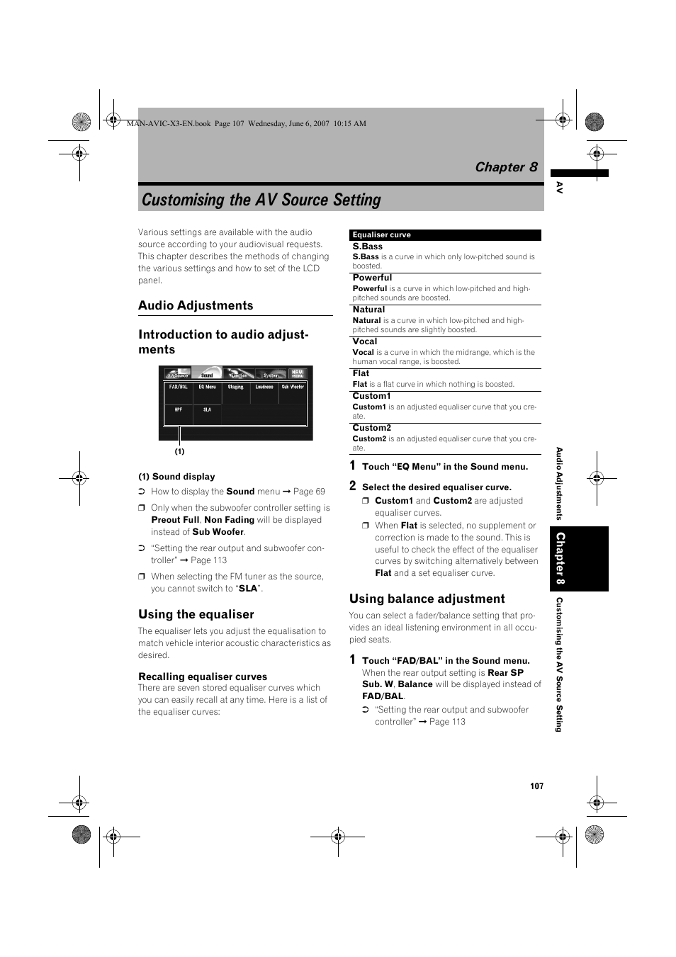 Customising the av source setting, Chapter 8, Using the equaliser | Using balance adjustment | Pioneer AVIC-X3 User Manual | Page 109 / 164