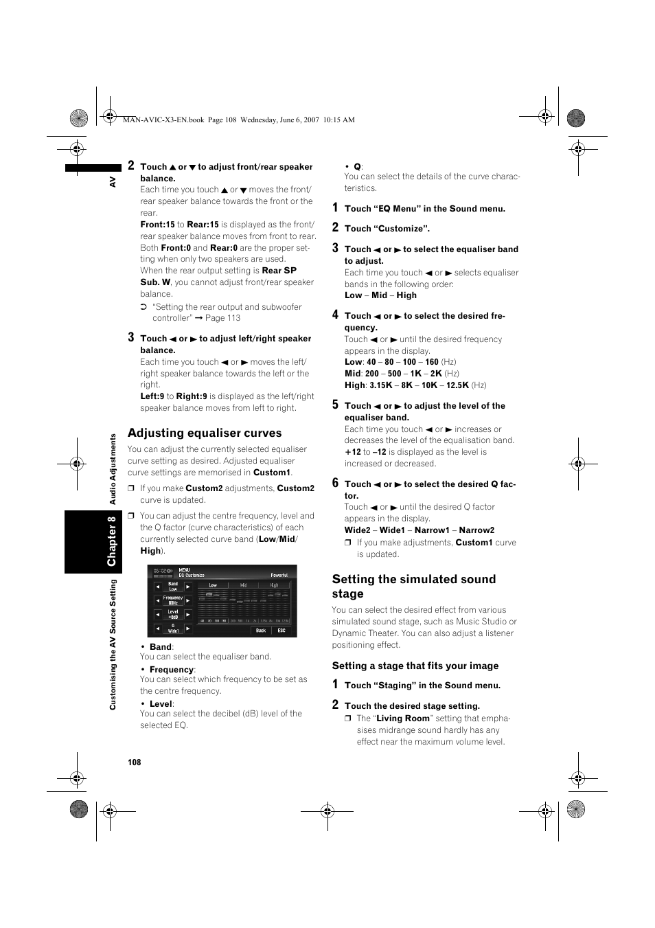 Adjusting equaliser curves, Setting the simulated sound stage | Pioneer AVIC-X3 User Manual | Page 110 / 164