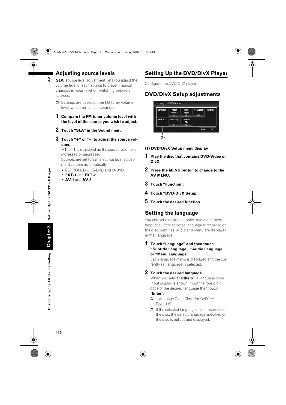 Adjusting source levels, Setting up the dvd/divx player, Dvd/divx setup adjustments | Setting the language | Pioneer AVIC-X3 User Manual | Page 112 / 164