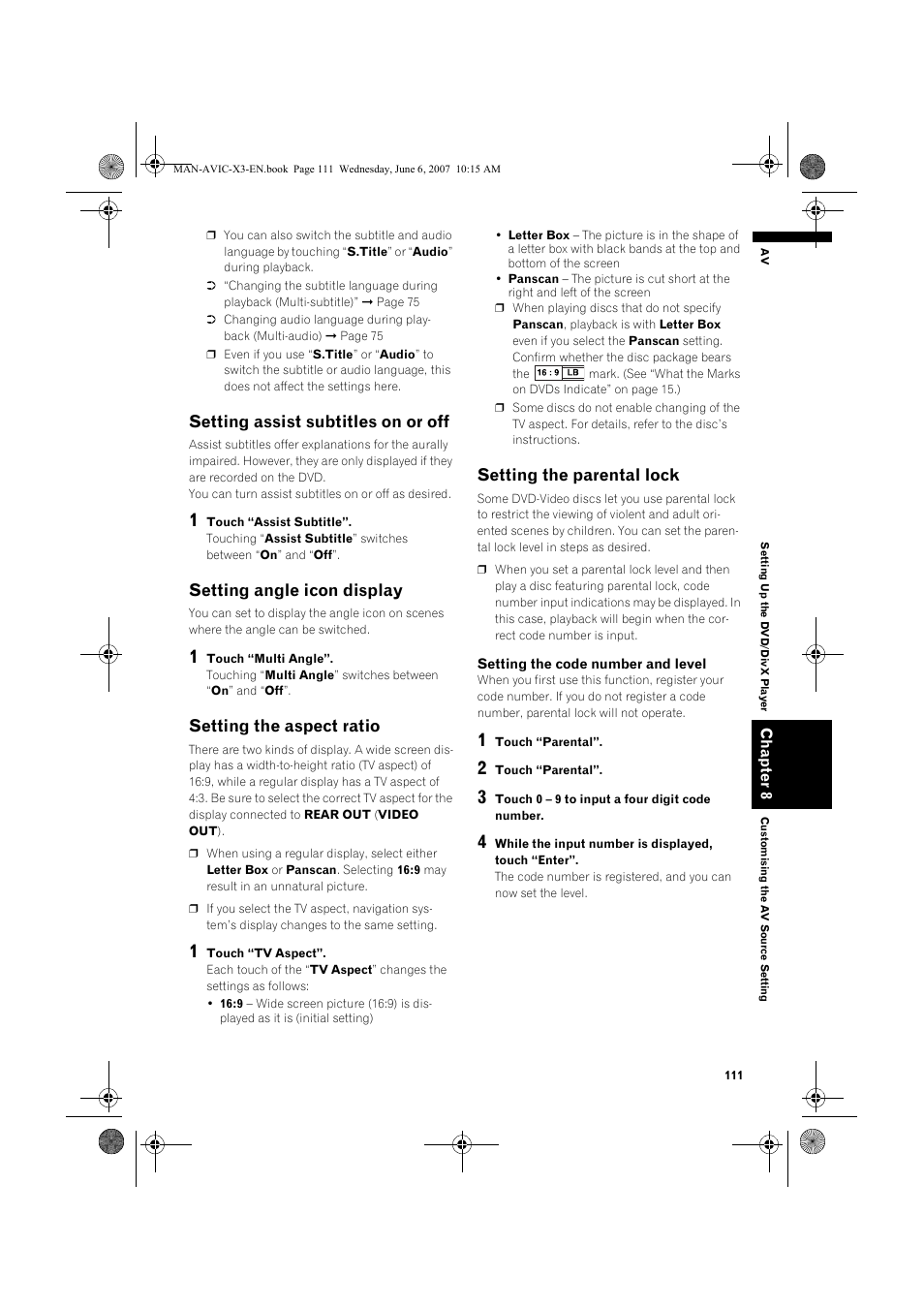 Setting assist subtitles on or off, Setting angle icon display, Setting the aspect ratio | Setting the parental lock | Pioneer AVIC-X3 User Manual | Page 113 / 164