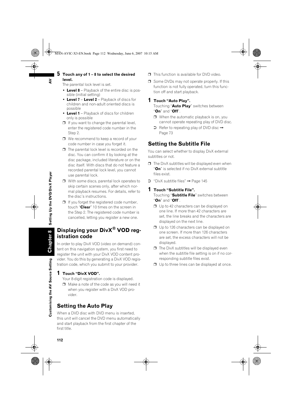 Displaying your divx, Vod reg- istration code, Setting the auto play | Setting the subtitle file | Pioneer AVIC-X3 User Manual | Page 114 / 164