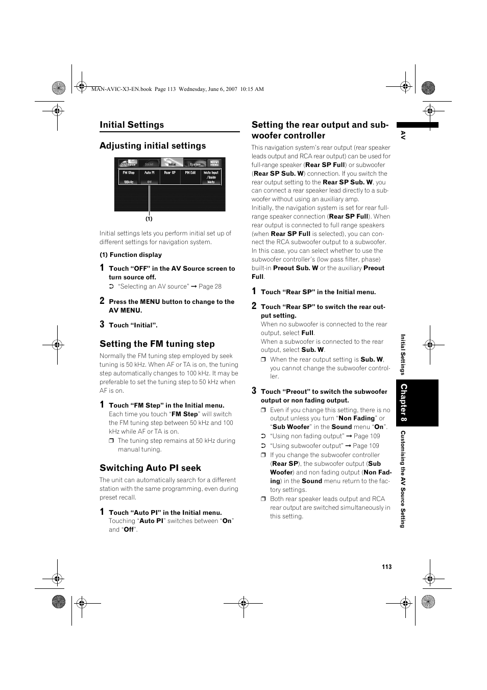 Initial settings adjusting initial settings, Setting the fm tuning step, Switching auto pi seek | Setting the rear output and sub- woofer controller | Pioneer AVIC-X3 User Manual | Page 115 / 164