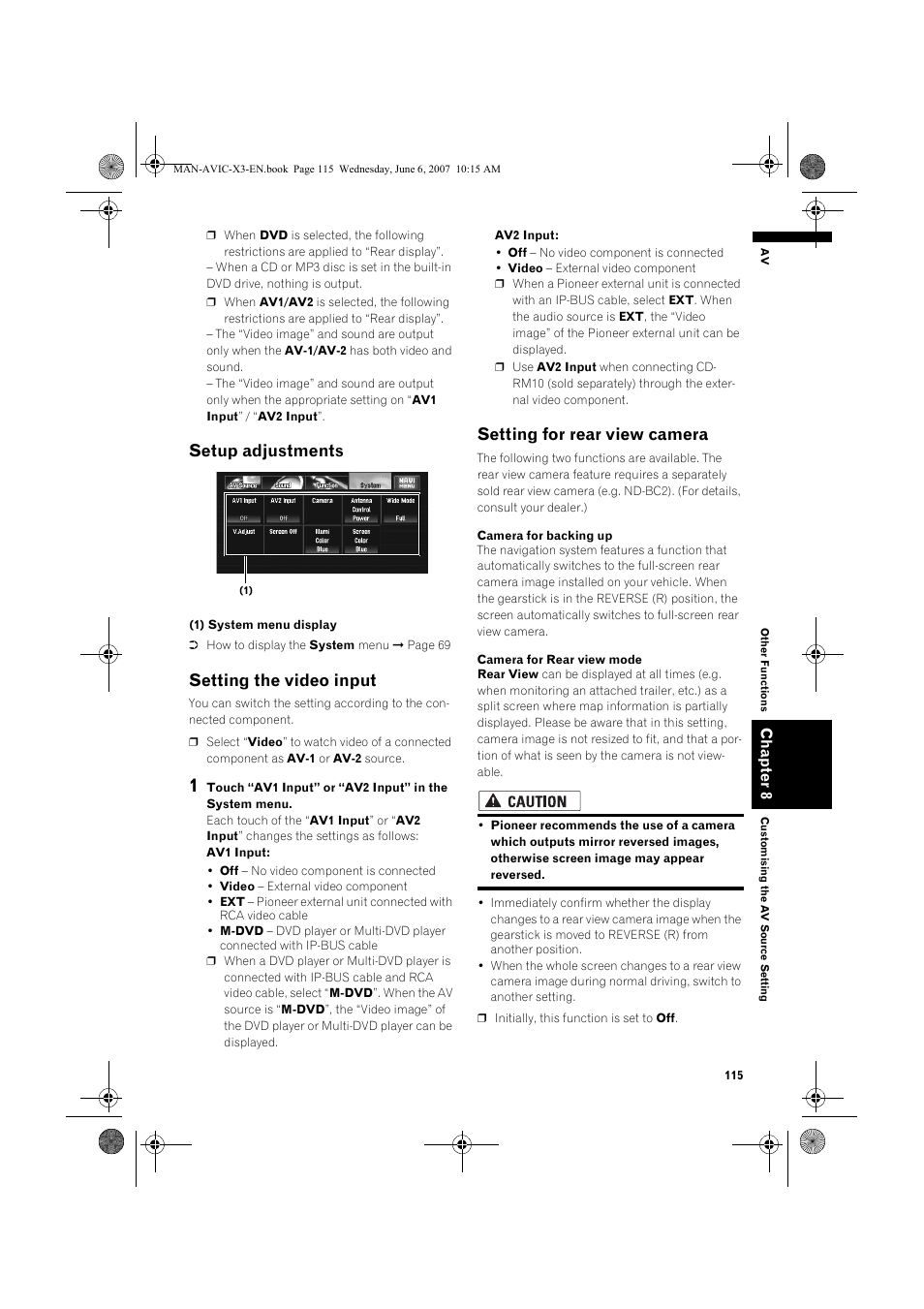 Setup adjustments, Setting the video input, Setting for rear view camera | Pioneer AVIC-X3 User Manual | Page 117 / 164