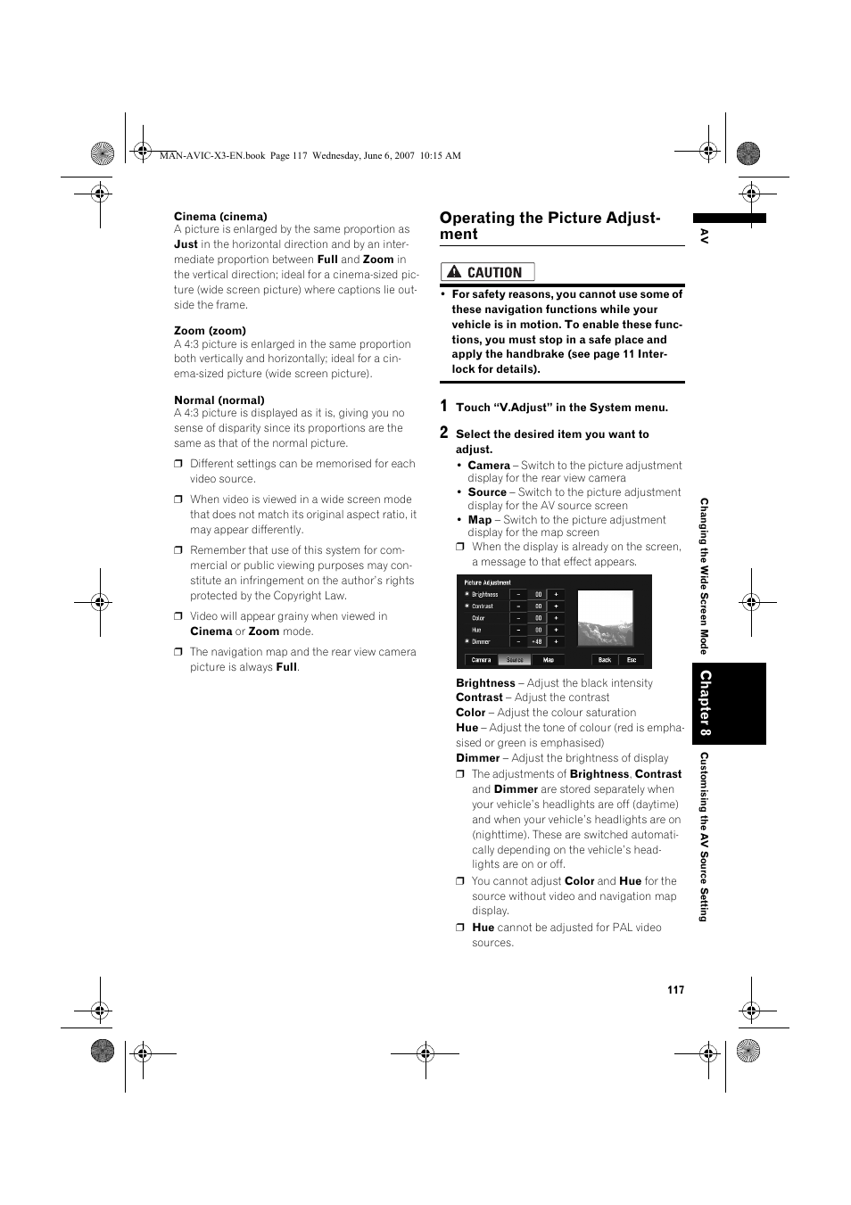 Operating the picture adjust- ment | Pioneer AVIC-X3 User Manual | Page 119 / 164