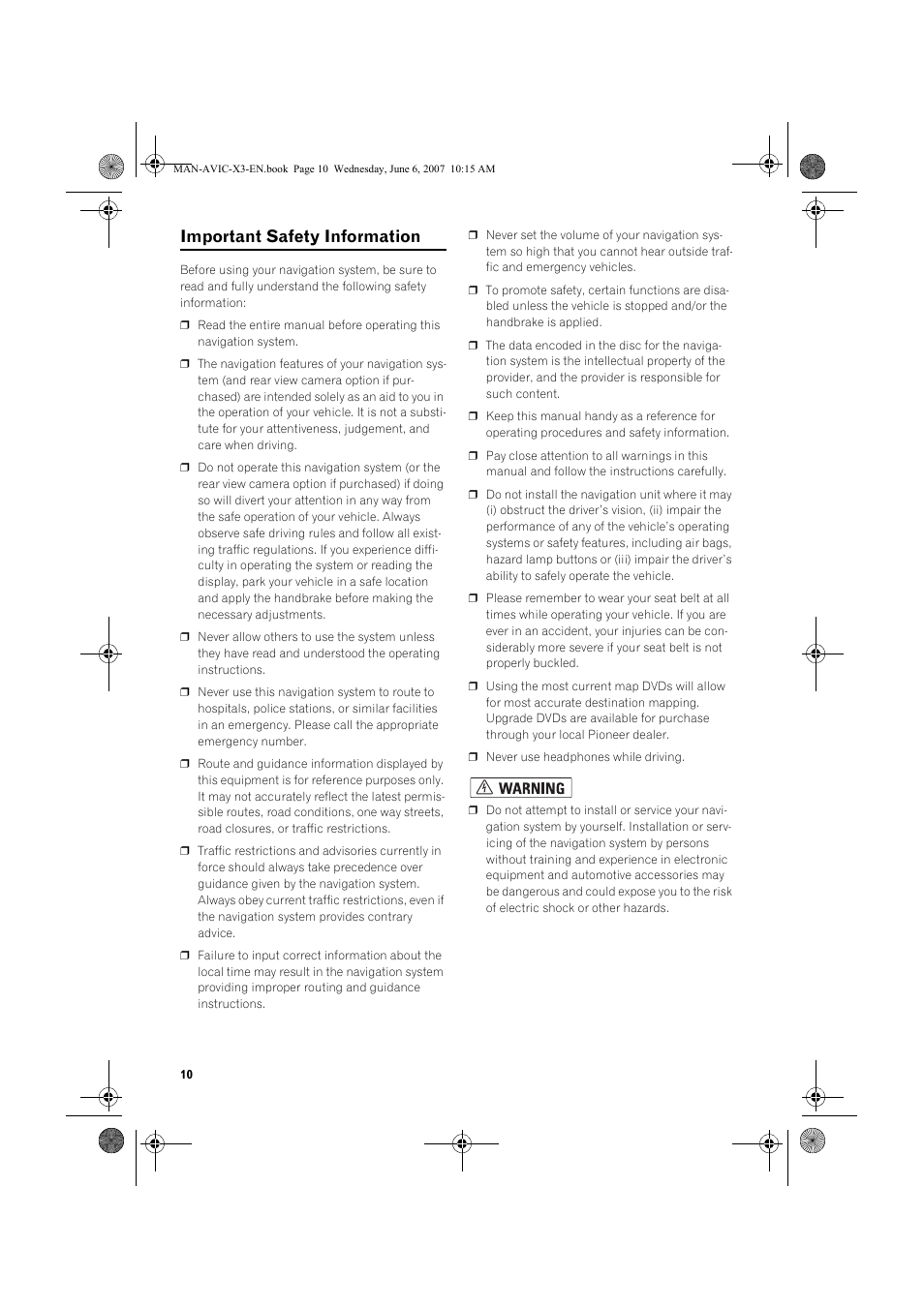 Important safety information | Pioneer AVIC-X3 User Manual | Page 12 / 164