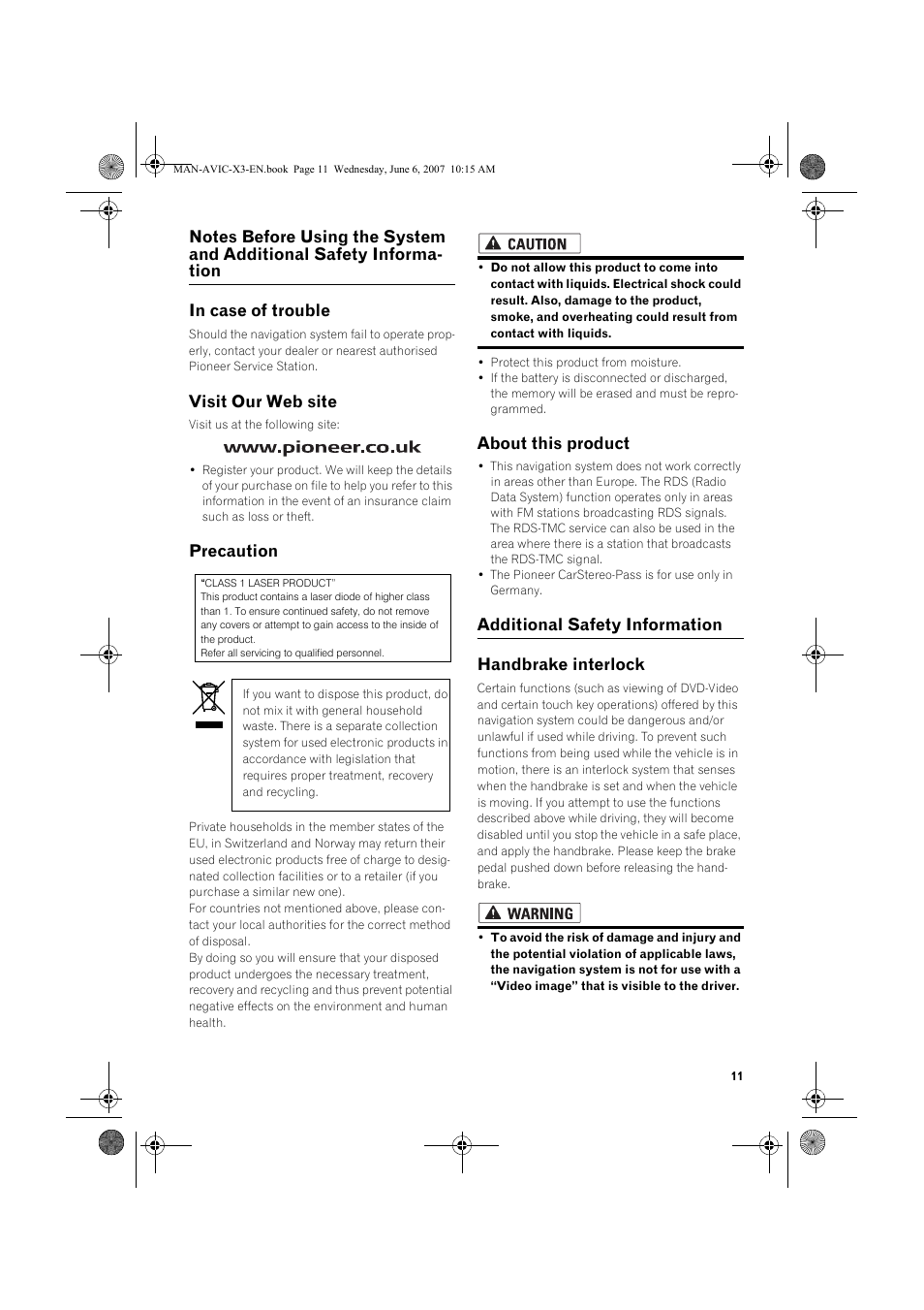 Visit our web site, Precaution, About this product | Additional safety information handbrake interlock | Pioneer AVIC-X3 User Manual | Page 13 / 164