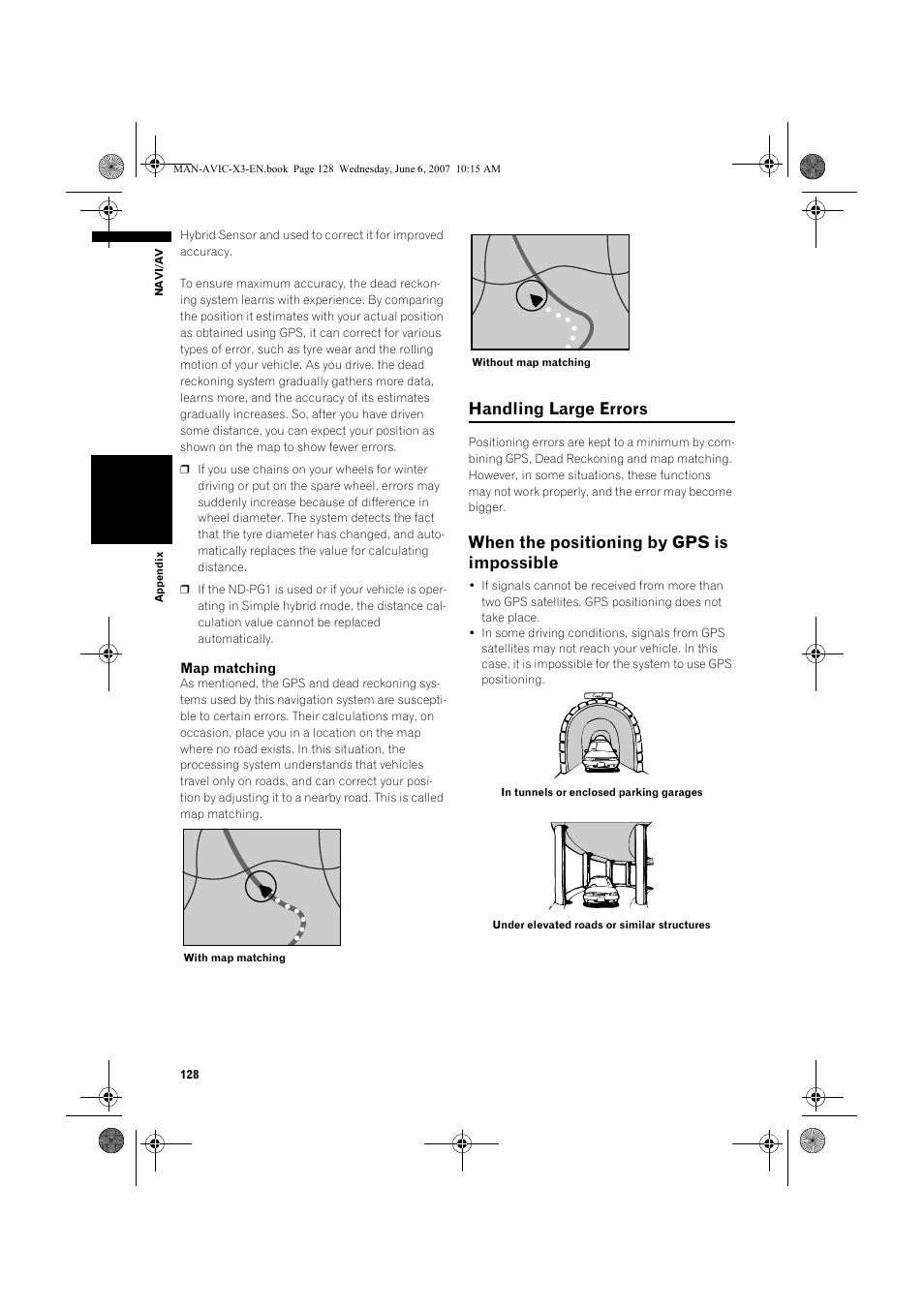 Handling large errors, When the positioning by gps is impossible | Pioneer AVIC-X3 User Manual | Page 130 / 164