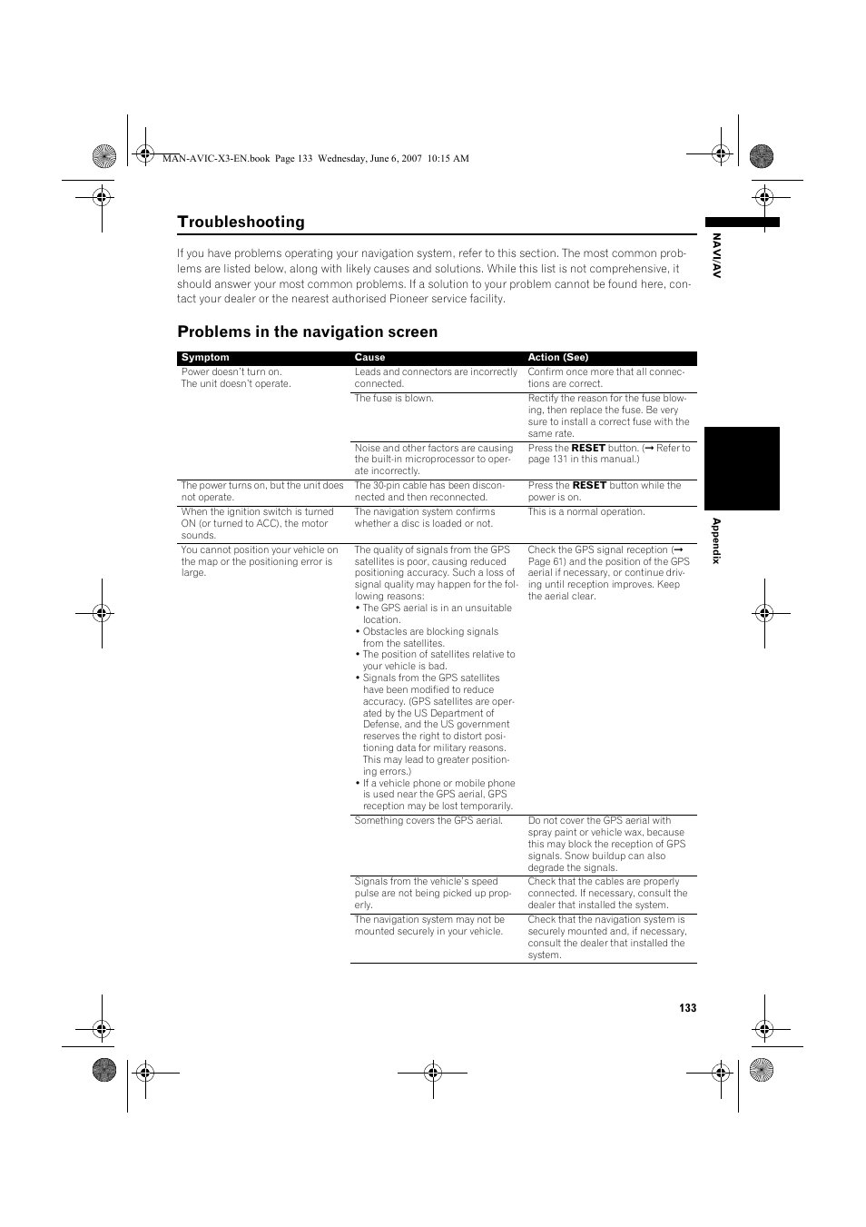 Troubleshooting, Problems in the navigation screen | Pioneer AVIC-X3 User Manual | Page 135 / 164