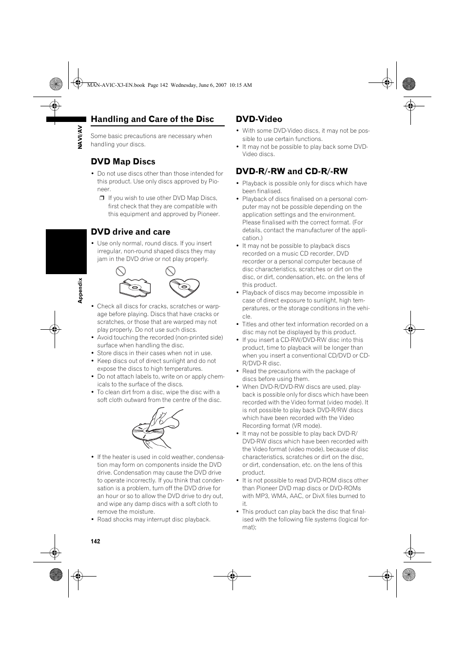 Handling and care of the disc, Dvd map discs, Dvd drive and care | Dvd-video, Dvd-r/-rw and cd-r/-rw | Pioneer AVIC-X3 User Manual | Page 144 / 164