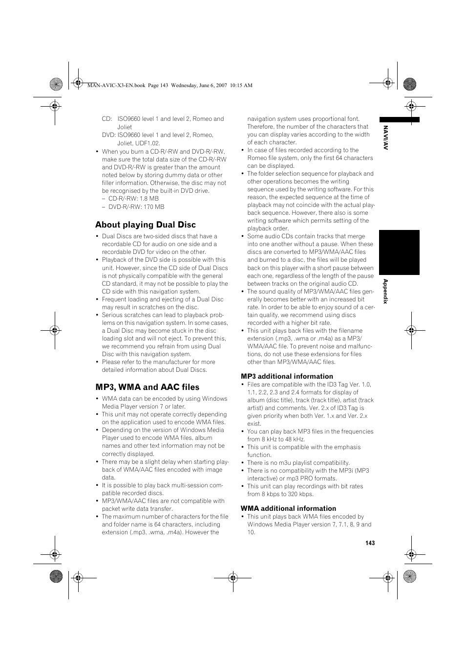 About playing dual disc, Mp3, wma and aac files | Pioneer AVIC-X3 User Manual | Page 145 / 164