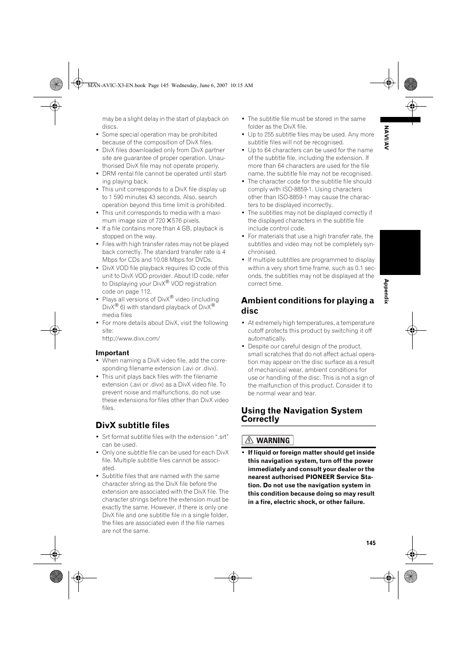Divx subtitle files, Ambient conditions for playing a disc, Using the navigation system correctly | Pioneer AVIC-X3 User Manual | Page 147 / 164