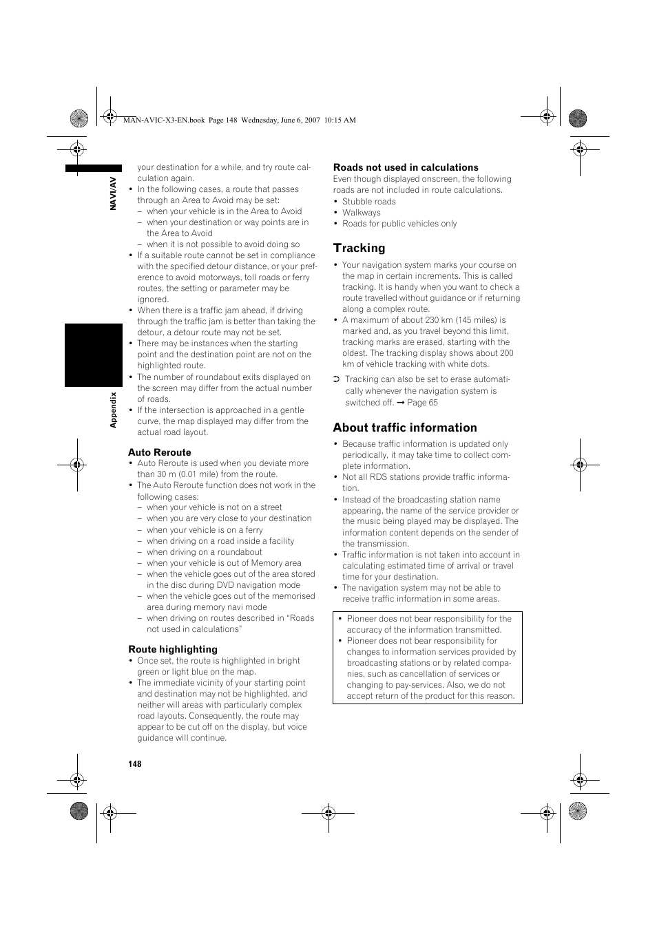 Tracking, About traffic information | Pioneer AVIC-X3 User Manual | Page 150 / 164