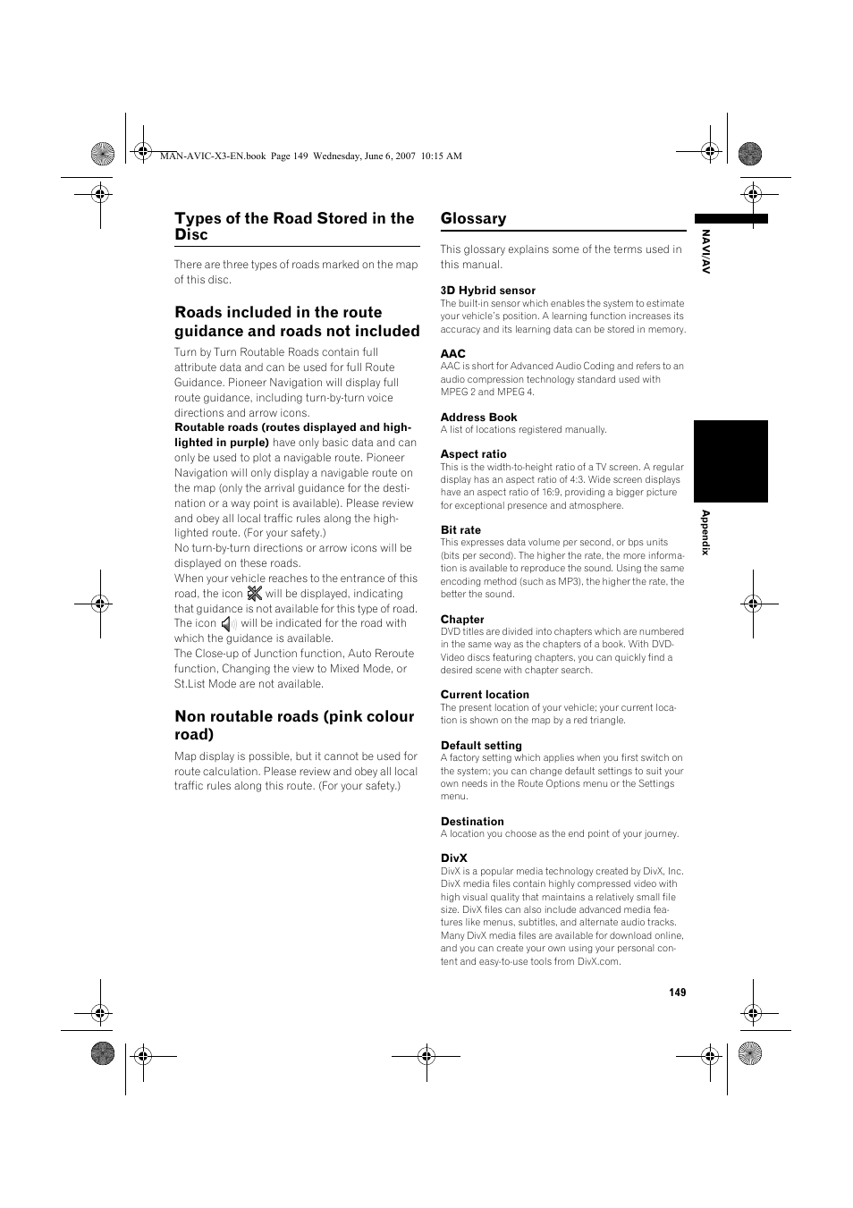 Types of the road stored in the disc, Non routable roads (pink colour road), Glossary | Pioneer AVIC-X3 User Manual | Page 151 / 164