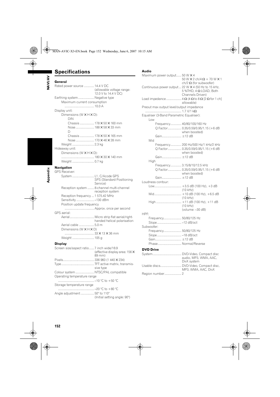 Specifications | Pioneer AVIC-X3 User Manual | Page 154 / 164