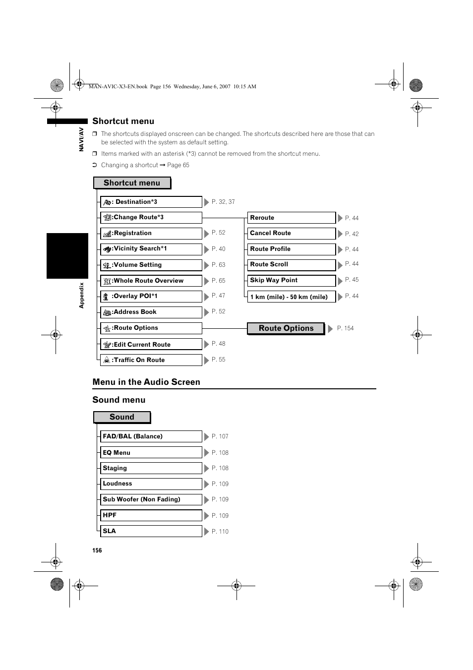 Shortcut menu, Menu in the audio screen sound menu | Pioneer AVIC-X3 User Manual | Page 158 / 164