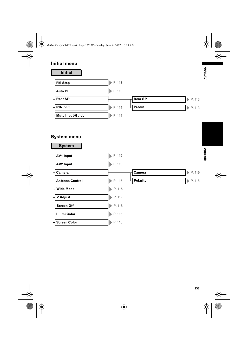 Initial menu system menu | Pioneer AVIC-X3 User Manual | Page 159 / 164