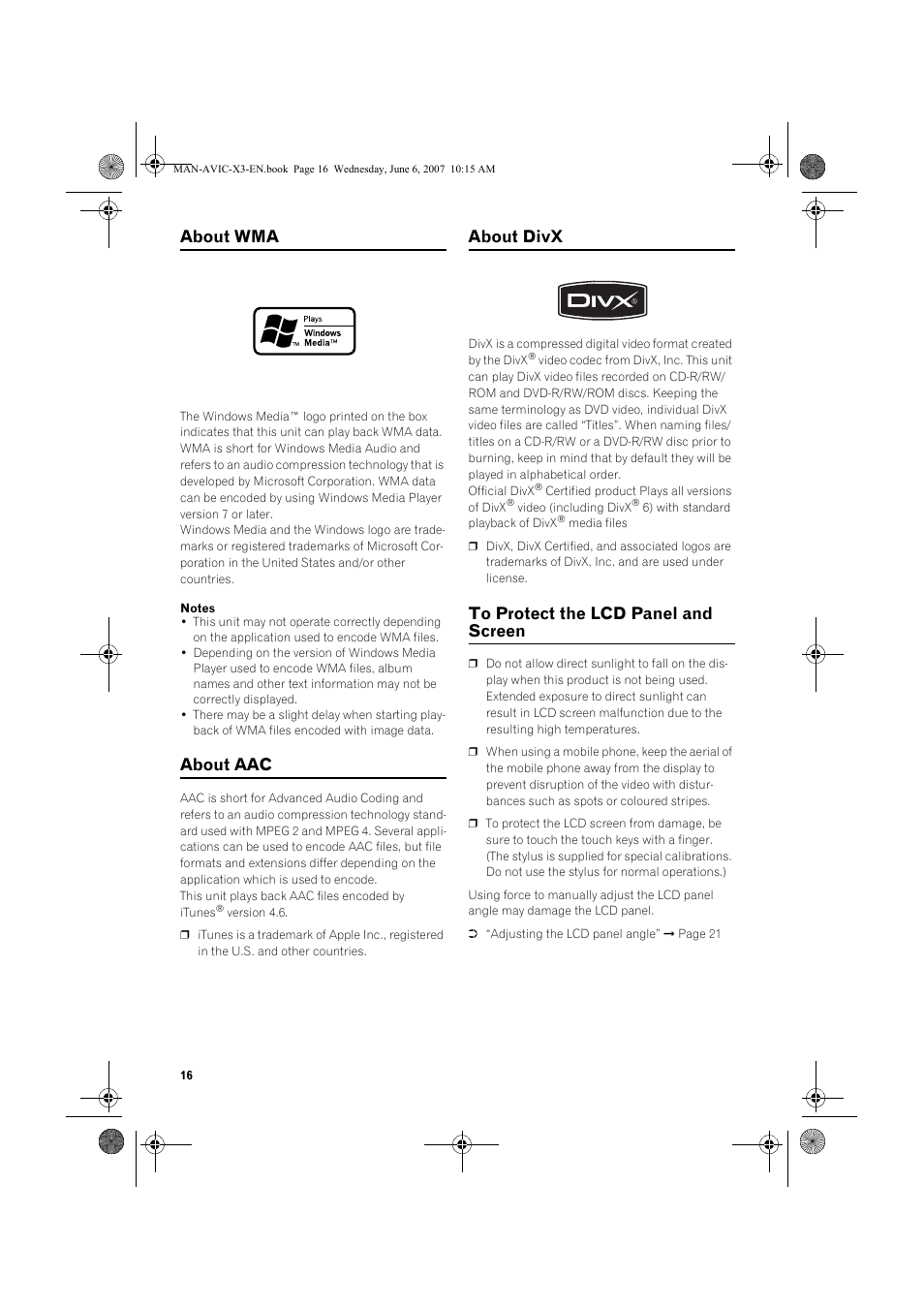 About wma, About aac, About divx | Pioneer AVIC-X3 User Manual | Page 18 / 164
