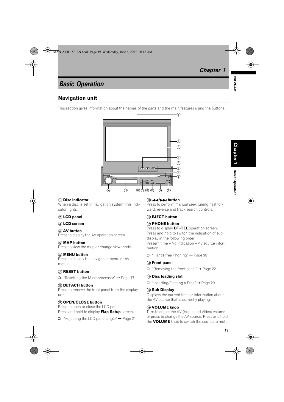 Basic operation, Chapter 1, Navigation unit | Pioneer AVIC-X3 User Manual | Page 21 / 164