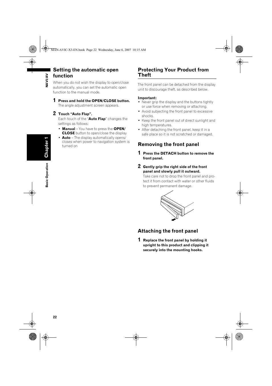 Setting the automatic open function, Protecting your product from theft, Removing the front panel | Attaching the front panel | Pioneer AVIC-X3 User Manual | Page 24 / 164