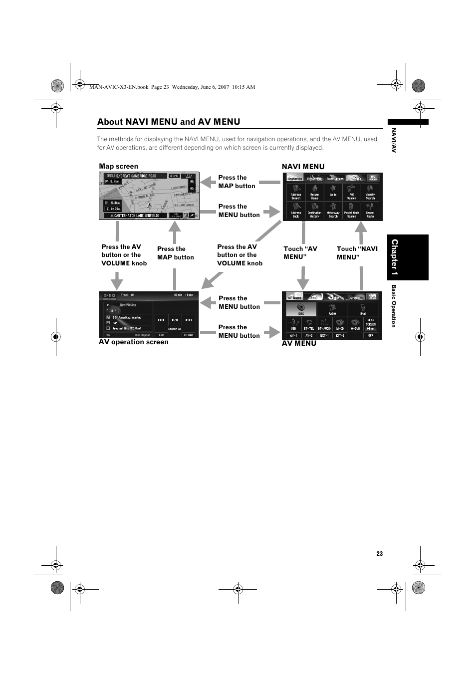 About navi menu and av menu | Pioneer AVIC-X3 User Manual | Page 25 / 164