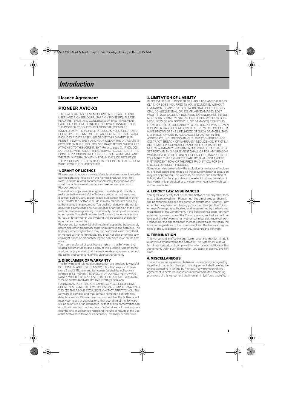 Introduction, Licence agreement pioneer avic-x3 | Pioneer AVIC-X3 User Manual | Page 3 / 164