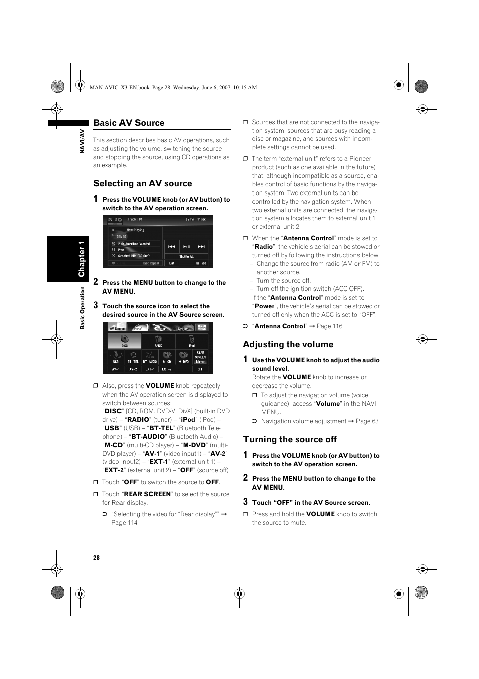 Basic av source, Selecting an av source, Adjusting the volume | Turning the source off | Pioneer AVIC-X3 User Manual | Page 30 / 164