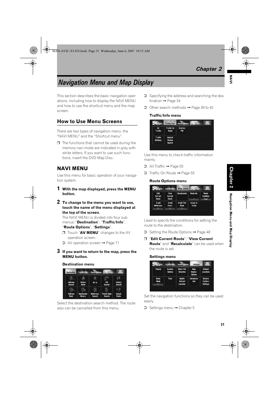 Navigation menu and map display, Chapter 2, How to use menu screens | Navi menu | Pioneer AVIC-X3 User Manual | Page 33 / 164